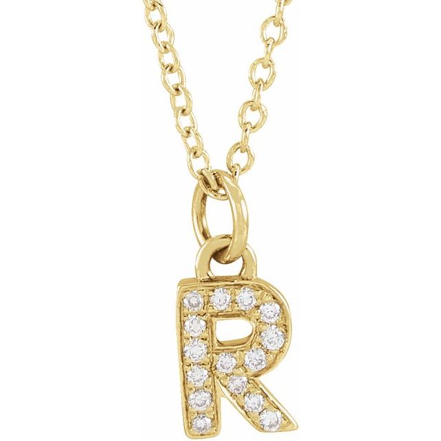 Lite bokstavhalskjede «R» i 14 kt gult gull med diamant, 0,05 ct totalt, 40,6–45,7 cm fra Smykke24