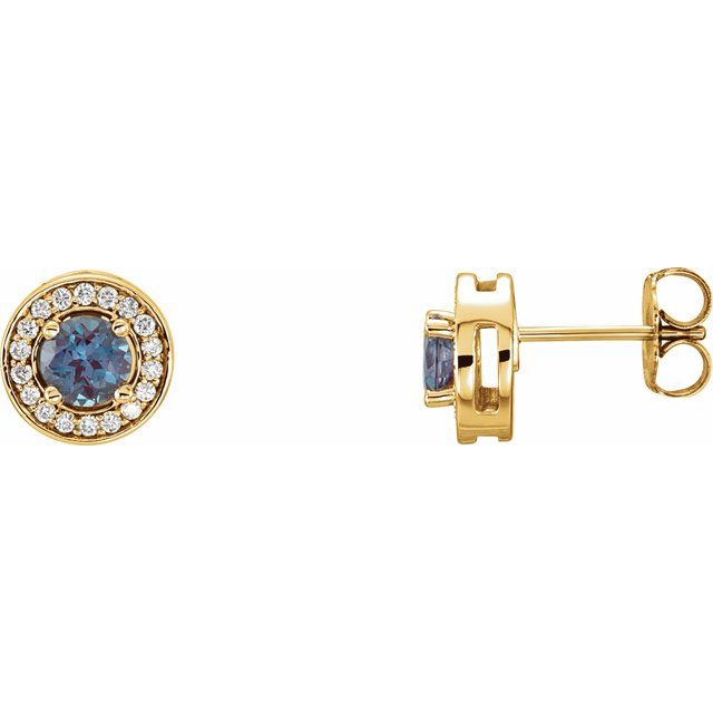 Øredobber i 14 kt gult gull med diamant og labfremstilt aleksandritt, 0,20 ct totalt, rund sten 4,5 mm (par) fra Smykke24