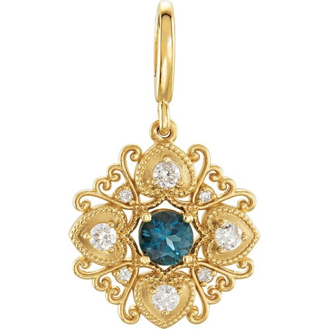 Vintageanheng i 14 kt gult gull med diamant og Londonblå topas, 0,25 ct totalt fra Smykke24