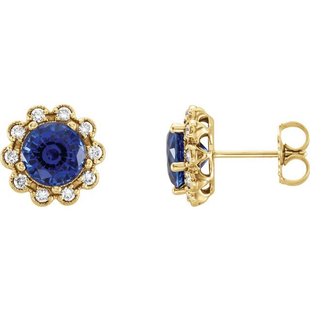 Øredobber i 14 kt gult gull med diamant og labfremstilt blå safir, 0,25 ct totalt, rund sten 6,5 mm (par) fra Smykke24