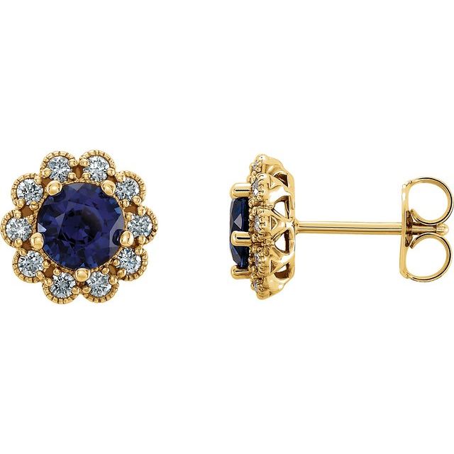 Øredobber i 14 kt gult gull med diamant og labfremstilt blå safir, 0,25 ct totalt, rund sten 5 mm (par) fra Smykke24