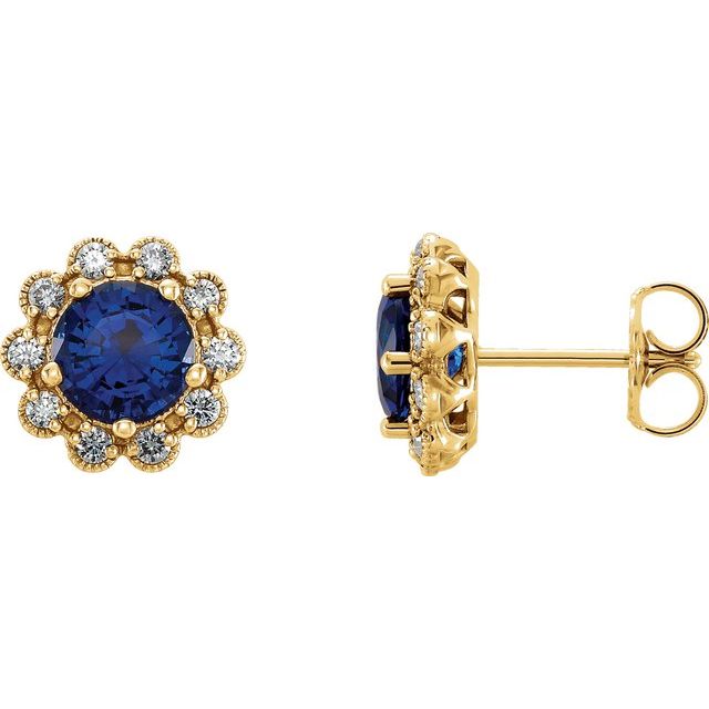 Øredobber i 14 kt gult gull med diamant og labfremstilt blå safir, 0,25 ct totalt, rund sten 6 mm (par) fra Smykke24