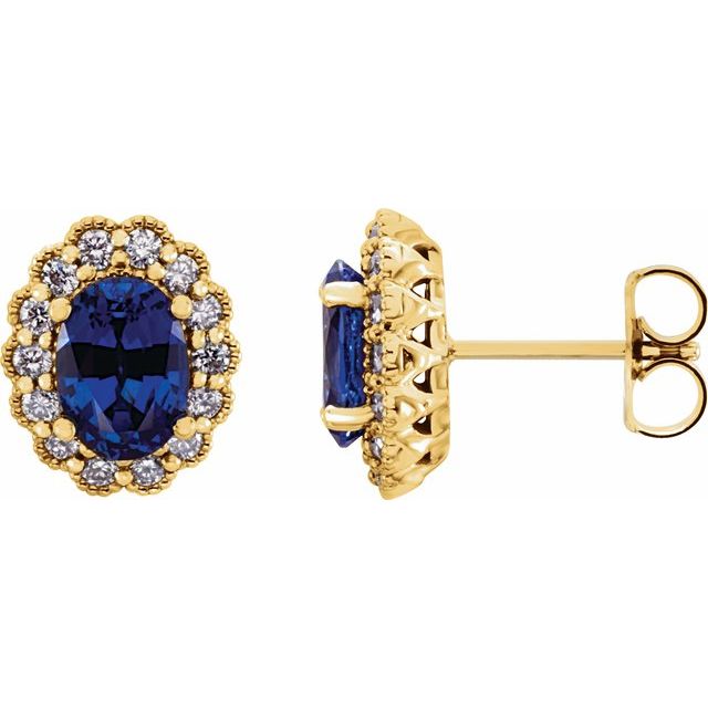 Øredobber i 14 kt gult gull med diamant og labfremstilt blå safir, 0,33 ct totalt, oval sten 7 × 5 mm (par) fra Smykke24