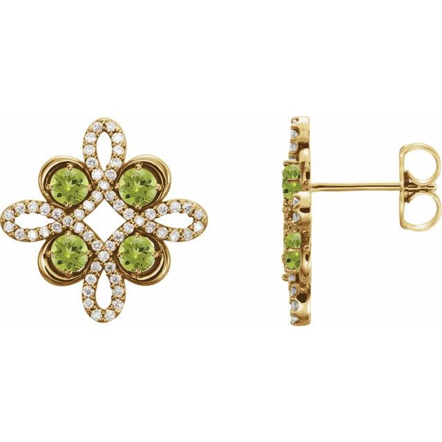 Øredobber i 14 kt gult gull med diamant og peridot, 0,25 ct totalt, rund sten 2,5 mm (par) fra Smykke24