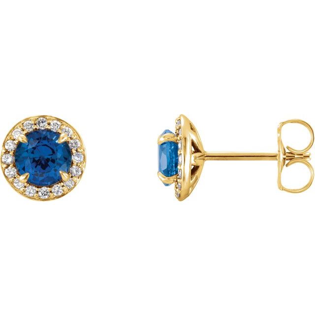 Øredobber i 14 kt gult gull med diamant og labfremstilt blå safir, 0,125 ct totalt, rund sten 5 mm (par) fra Smykke24
