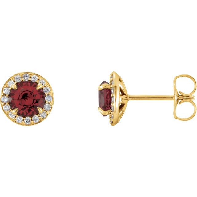 Øredobber i 14 kt gult gull med diamant og granat, 0,125 ct totalt, rund sten 5 mm (par) fra Smykke24