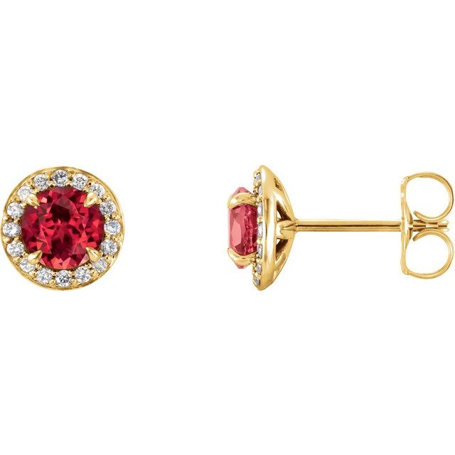 Øredobber i 14 kt gult gull med diamant og rubin, 0,125 ct totalt, rund sten 5 mm (par) fra Smykke24