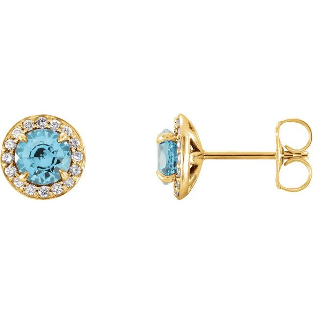 Øredobber i 14 kt gult gull med diamant og blå zirkon, 0,125 ct totalt, rund sten 5 mm (par) fra Smykke24
