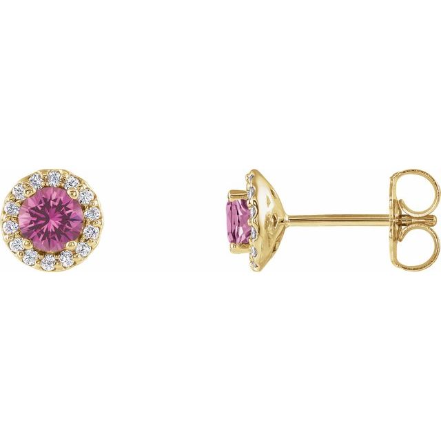 Øredobber i 14 kt gult gull med diamant og rosa safir, 0,10 ct totalt, rund sten 4 mm (par) fra Smykke24