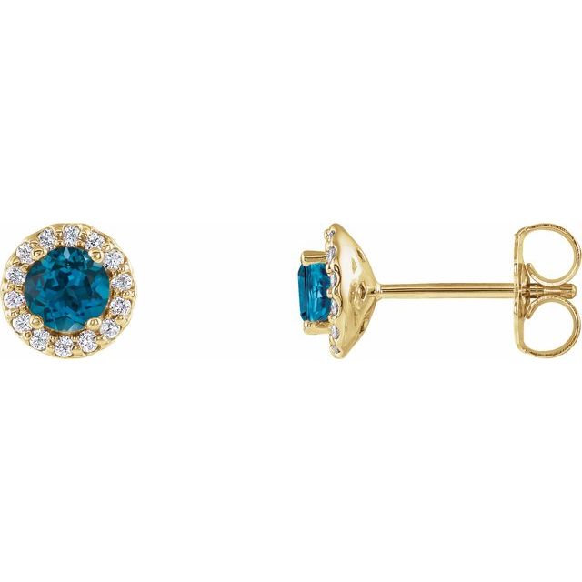 Øredobber i 14 kt gult gull med diamant og Londonblå topas, 0,10 ct totalt, rund sten 4 mm (par) fra Smykke24