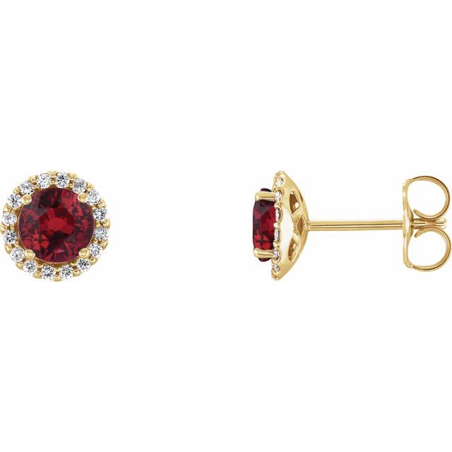 Øredobber i 14 kt gult gull med diamant og labfremstilt rubin, 0,10 ct totalt, rund sten 3 mm (par) fra Smykke24