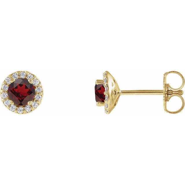 Øredobber i 14 kt gult gull med diamant og granat, 0,10 ct totalt, rund sten 4 mm (par) fra Smykke24