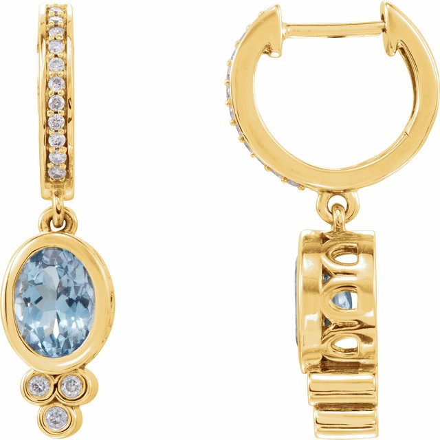 Creoler i 14 kt gult gull med diamant og akvamarin, 0,17 ct totalt, oval sten 7 × 5 mm (par) fra Smykke24