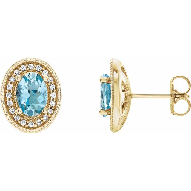 Øredobber i 14 kt gult gull med diamant og akvamarin, 0,17 ct totalt, oval sten 7 × 5 mm (par) fra Smykke24
