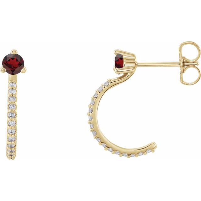 Creoler i 14 kt gult gull med diamant og granat, 0,125 ct totalt, rund sten 3 mm (par) fra Smykke24