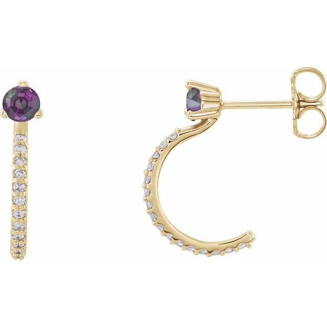 Creoler i 14 kt gult gull med diamant og labfremstilt aleksandritt, 0,125 ct totalt, rund sten 3 mm (par) fra Smykke24