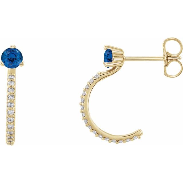 Creoler i 14 kt gult gull med diamant og labfremstilt blå safir, 0,125 ct totalt, rund sten 3 mm (par) fra Smykke24