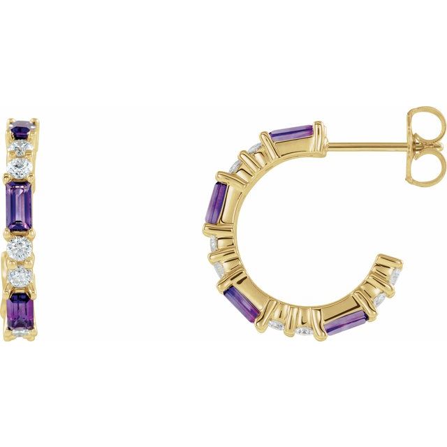 Creoler i 14 kt gult gull med diamant og ametyst, 0,50 ct totalt, sten 4 × 2 mm (par) fra Smykke24