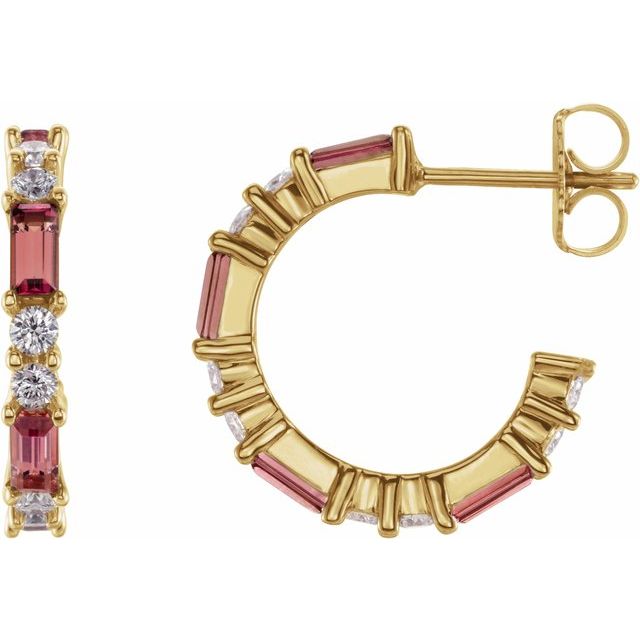 Creoler i 14 kt gult gull med diamant og rosa turmalin, 0,50 ct totalt, sten 4 × 2 mm (par) fra Smykke24