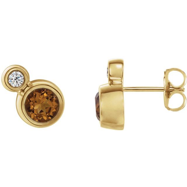 Øredobber i 14 kt gult gull med diamant og citrin, 0,06 ct totalt, rund sten 4 mm (par) fra Smykke24