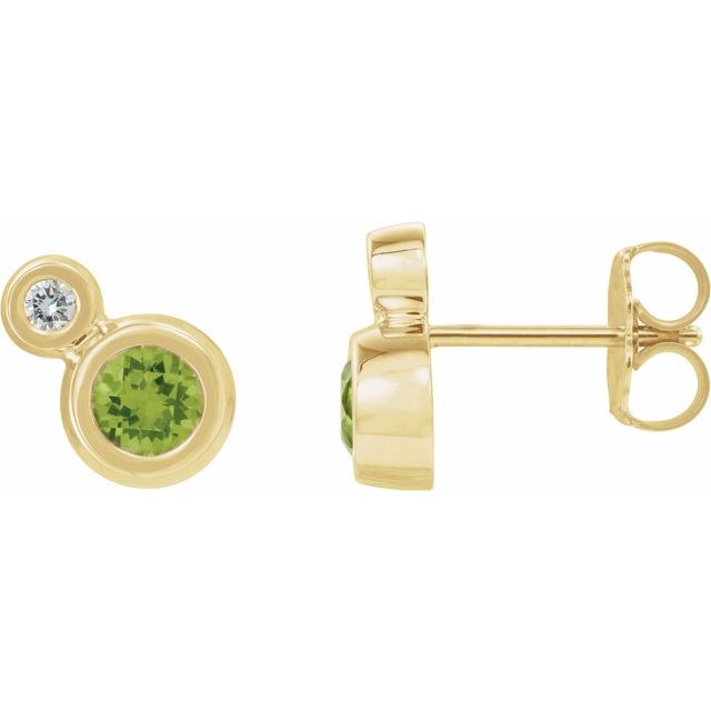Øredobber i 14 kt gult gull med diamant og peridot, 0,06 ct totalt, rund sten 4 mm (par) fra Smykke24