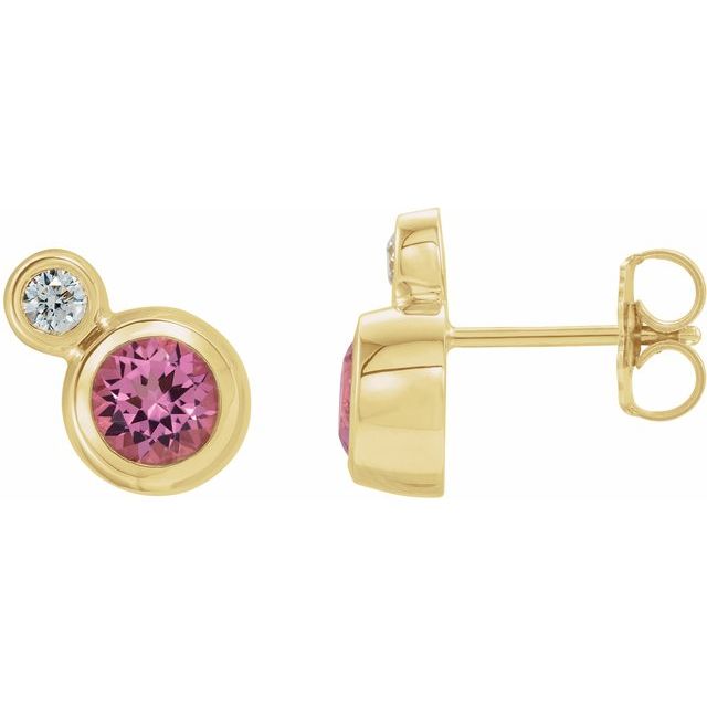 Øredobber i 14 kt gult gull med diamant og rosa turmalin, 0,125 ct totalt, rund sten 5 mm (par) fra Smykke24