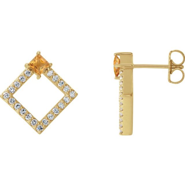 Øredobber i 14 kt gult gull med diamant og citrin, 0,33 ct totalt, firkantet sten 3 × 3 mm (par) fra Smykke24