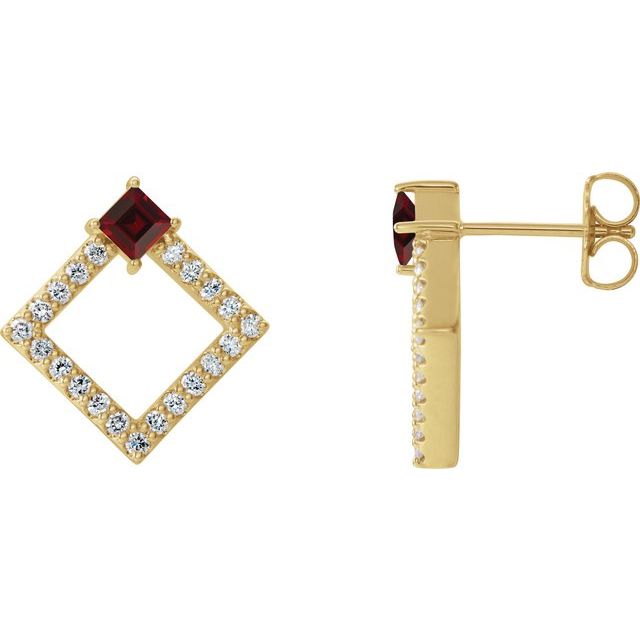 Øredobber i 14 kt gult gull med diamant og granat, 0,33 ct totalt, firkantet sten 3 × 3 mm (par) fra Smykke24