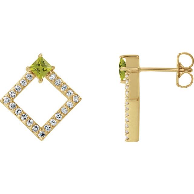 Øredobber i 14 kt gult gull med diamant og peridot, 0,33 ct totalt, firkantet sten 3 × 3 mm (par) fra Smykke24