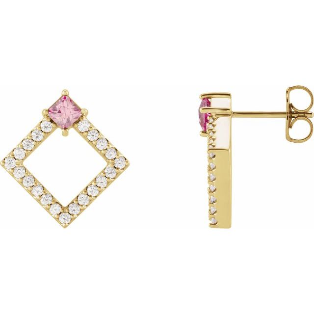 Øredobber i 14 kt gult gull med diamant og rosa turmalin, 0,33 ct totalt, firkantet sten 3 × 3 mm (par) fra Smykke24