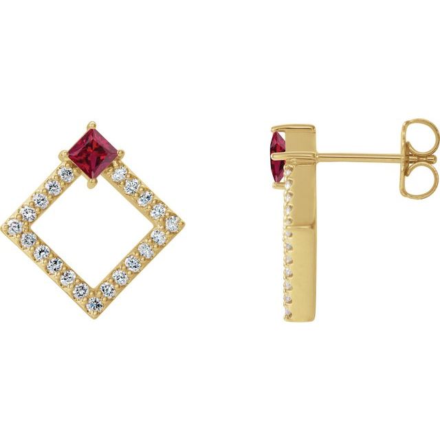 Øredobber i 14 kt gult gull med diamant og rubin, 0,33 ct totalt, firkantet sten 3 × 3 mm (par) fra Smykke24