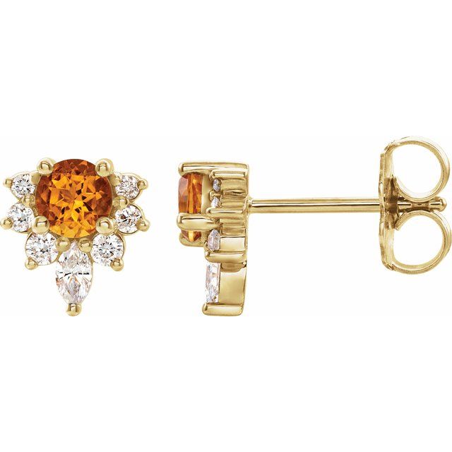 Øredobber i 14 kt gult gull med diamant og citrin, 0,17 ct totalt, rund sten 3,5 mm (par) fra Smykke24
