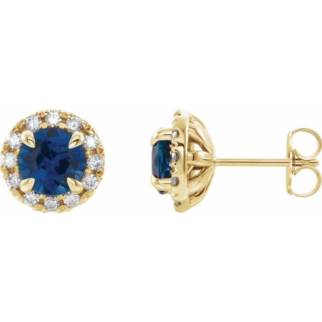 Øredobber i 14 kt gult gull med diamant og labfremstilt blå safir, 0,20 ct totalt, rund sten 4 mm (par) fra Smykke24