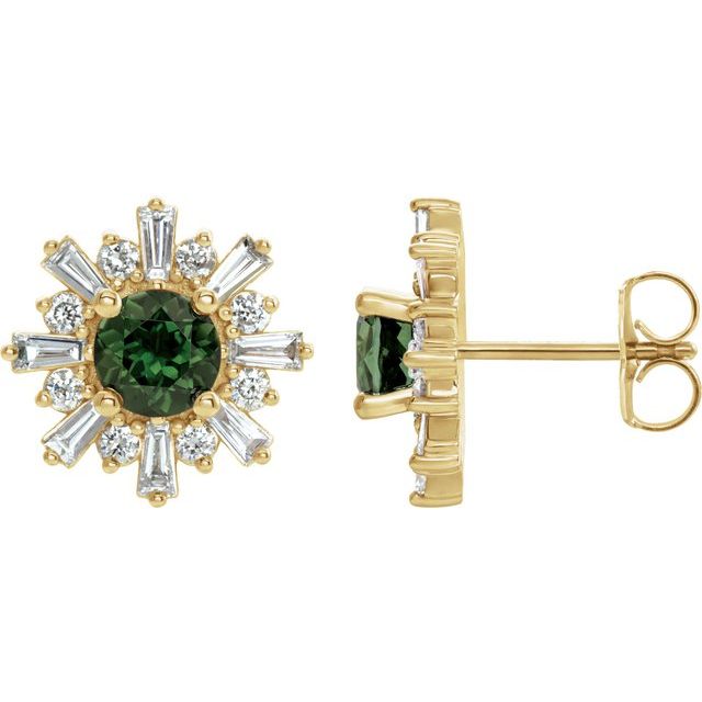 Øredobber i 14 kt gult gull med diamant og grønn turmalin, 0,75 ct totalt, rund sten 5 mm (par) fra Smykke24