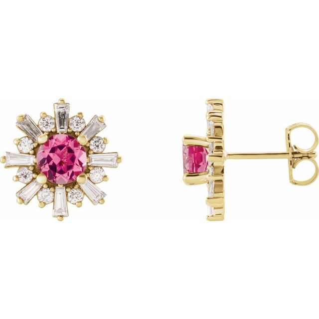 Øredobber i 14 kt gult gull med diamant og rosa turmalin, 0,75 ct totalt, rund sten 5 mm (par) fra Smykke24