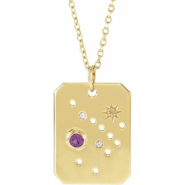 Stjernebildehalskjede Skytten i 14 kt gult gull med diamant og ametyst, 0,01 ct totalt fra Smykke24