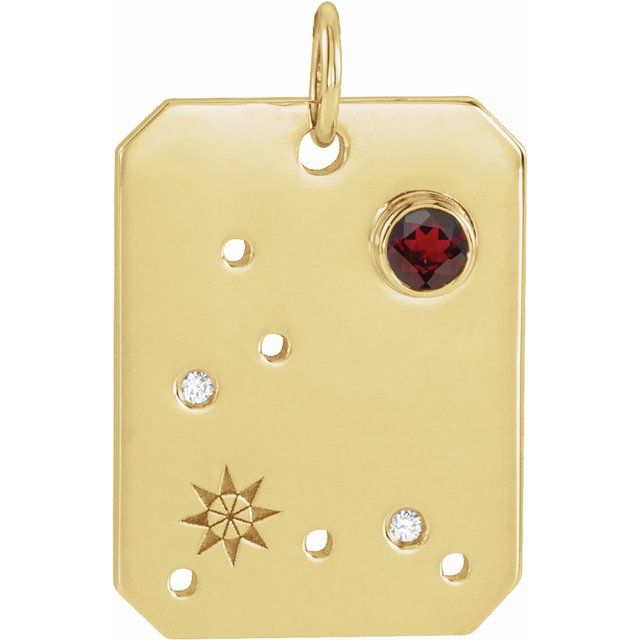 Stjernebildeanheng Fiskene i 14 kt gult gull med diamant og granat, 0,01 ct totalt fra Smykke24