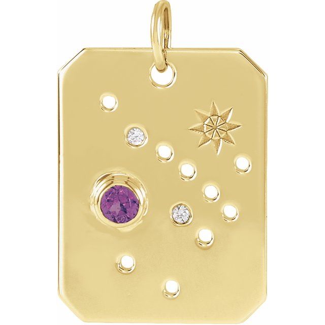 Stjernebildeanheng Skytten i 14 kt gult gull med diamant og ametyst, 0,01 ct totalt fra Smykke24