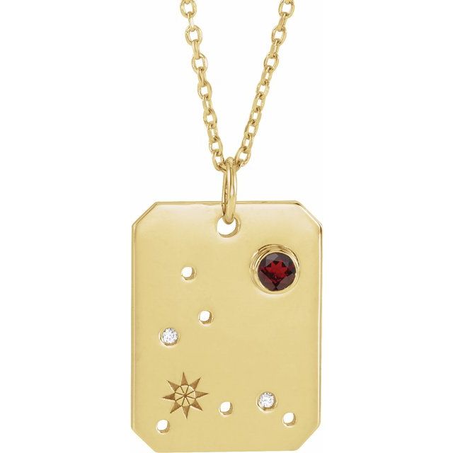 Stjernebildehalskjede Fiskene i 14 kt gult gull med diamant og granat, 0,01 ct totalt fra Smykke24