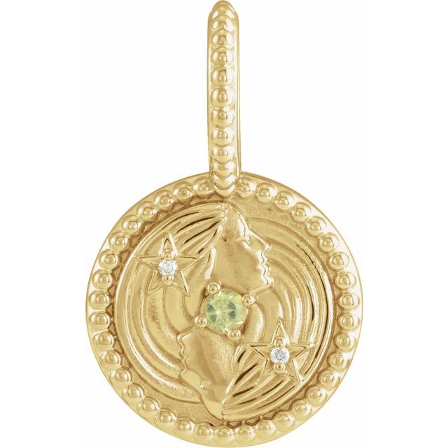 Stjernetegnanheng Tvillingene i 14 kt gult gull med diamant og peridot, 0,005 ct totalt fra Smykke24