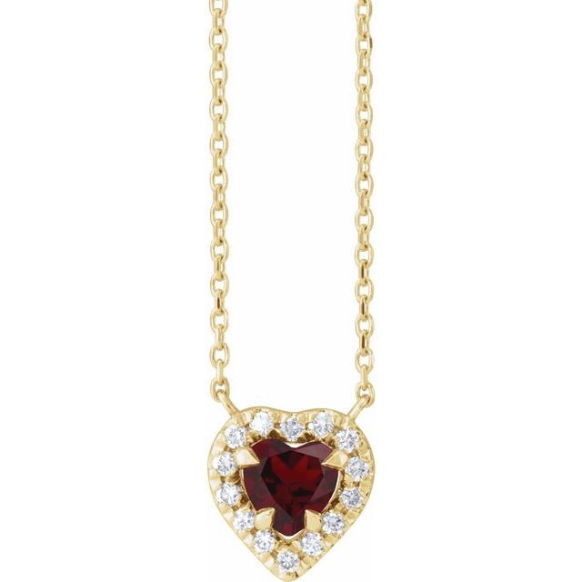 Halskjede i 14 kt gult gull med diamant og granat, 0,125 ct totalt, hjerteformet sten 5 × 5 mm, 40,6 cm fra Smykke24