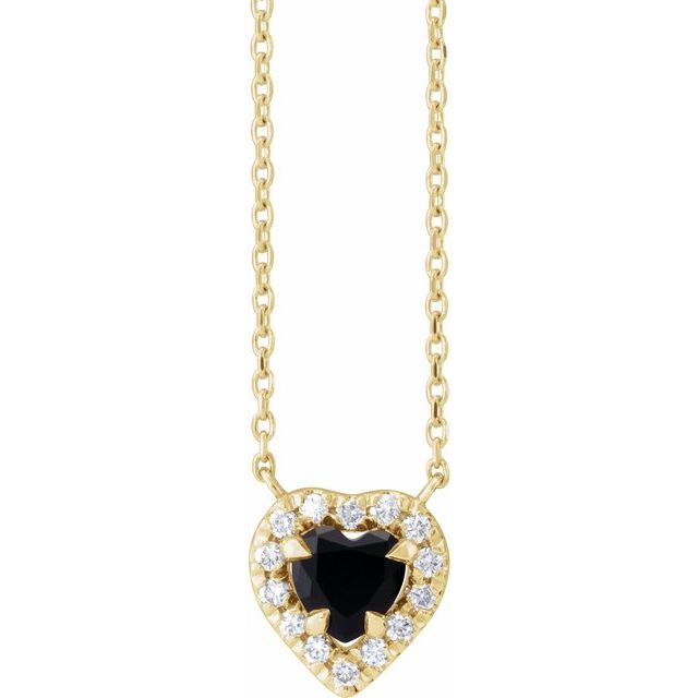 Halskjede i 14 kt gult gull med diamant og onyks, 0,125 ct totalt, hjerteformet sten 5 × 5 mm, 40,6 cm fra Smykke24