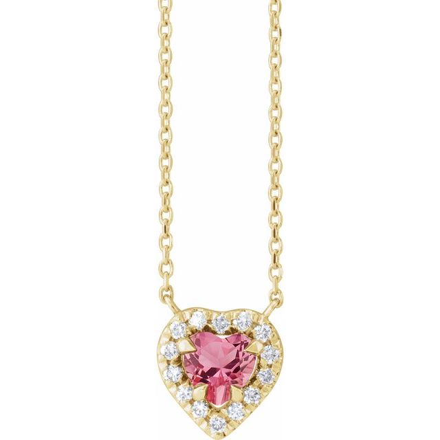 Halskjede i 14 kt gult gull med diamant og rosa turmalin, 0,125 ct totalt, hjerteformet sten 5 × 5 mm, 45,7 cm fra Smykke24