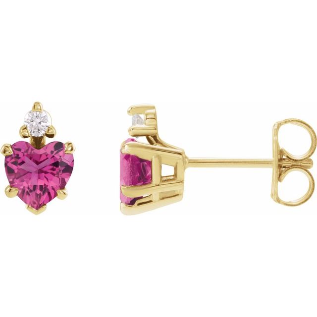 Øredobber i 14 kt gult gull med diamant og rosa turmalin, 0,06 ct totalt, hjerteformet sten 4 × 4 mm (par) fra Smykke24