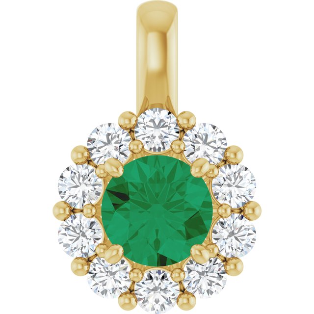 Edelstensanheng i 14 kt gult gull med laboratoriedyrket diamant og labfremstilt smaragd, 0,33 ct totalt, rund sten 5,2 mm fra Smykke24