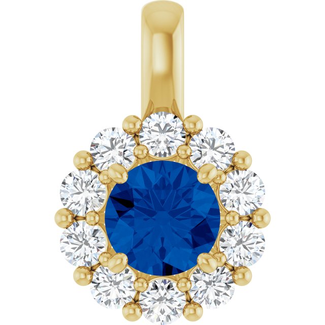 Edelstensanheng i 14 kt gult gull med laboratoriedyrket diamant og labfremstilt blå safir, 0,33 ct totalt, rund sten 5,2 mm fra Smykke24