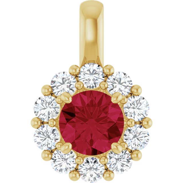 Edelstensanheng i 14 kt gult gull med laboratoriedyrket diamant og labfremstilt rubin, 0,33 ct totalt, rund sten 5,2 mm fra Smykke24