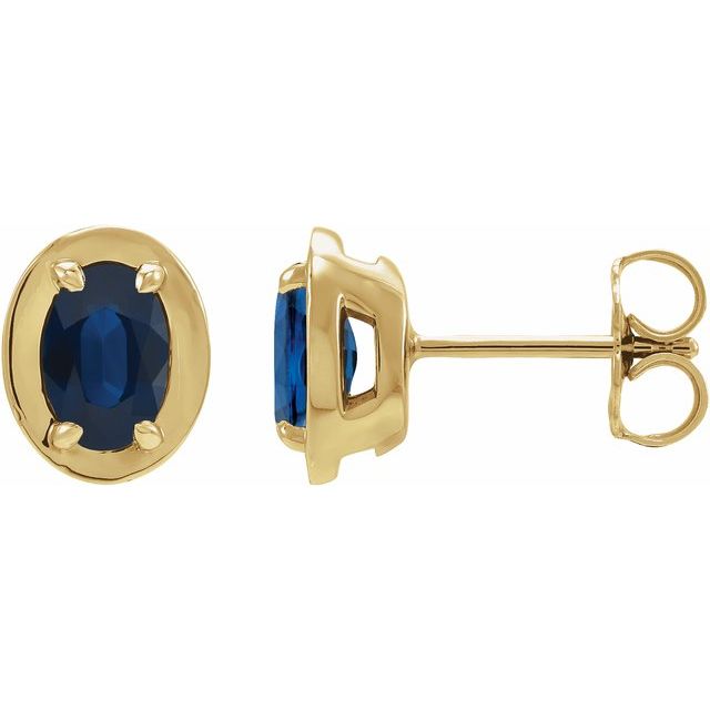 Øredobber i 14 kt gult gull med labfremstilt blå safir, oval sten 6 × 4 mm (par) fra Smykke24