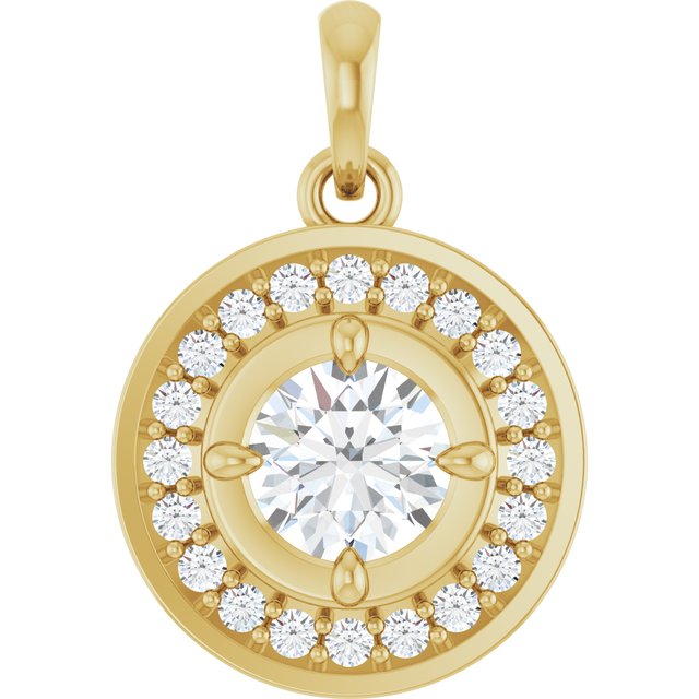 Haloanheng i 14 kt gult gull med laboratoriedyrket diamant, 0,625 ct totalt, rund sten 5 mm, 17,1 × 11,7 mm fra Smykke24