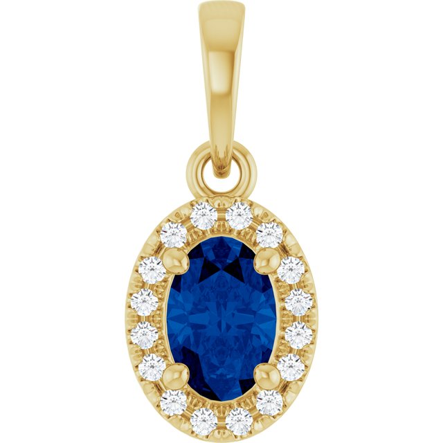 Haloanheng i 14 kt gult gull med laboratoriedyrket diamant og labfremstilt blå safir, 0,06 ct totalt, oval sten 6 × 4 mm fra Smykke24